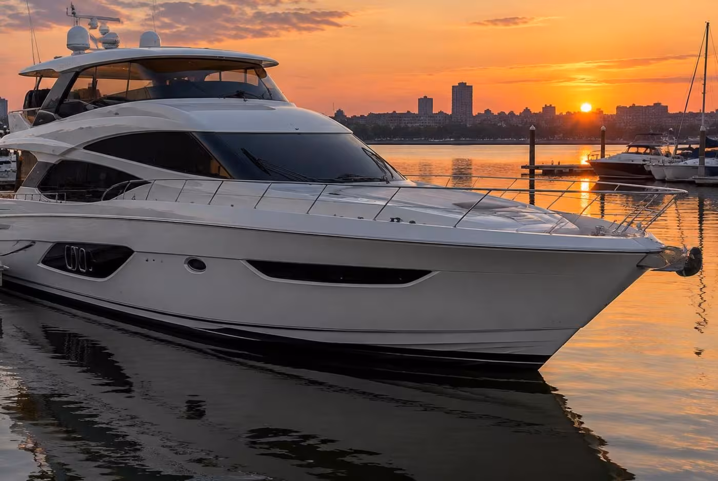 Yacht with tinted cabin windows at sunset