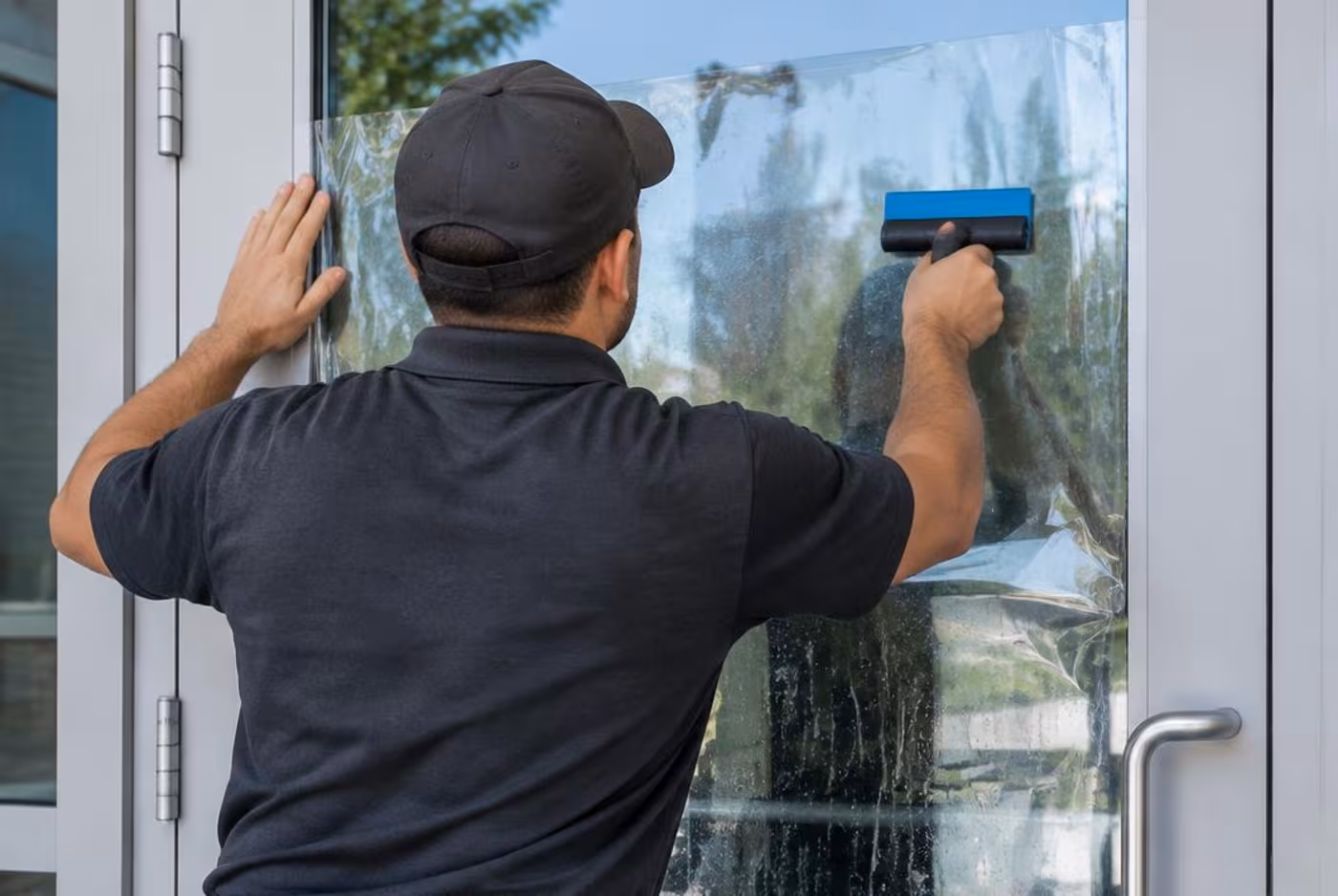 Installer applying clear safety film to a glass entry door