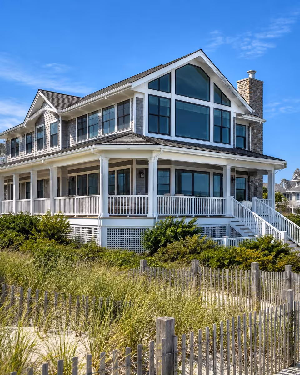 Shore home with tinted windows and a wraparound porch